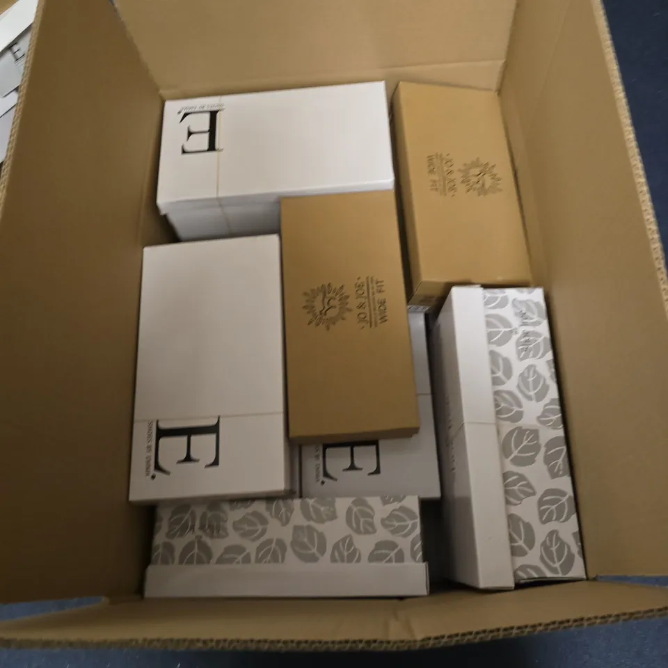 BOX OF APPROXIMATELY 14 ASSORTED PAIRS OF SHOES IN VARIOUS STLYES , COLOURS AND SIZES 