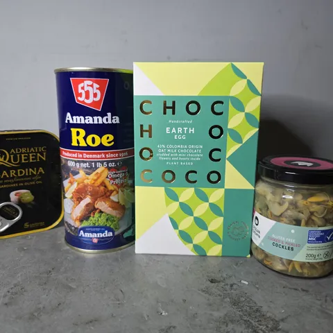 APPROXIMATELY 15 ASSORTED FOOD ITEMS TO INCLUDE - EARTH EGG , SARDINA , AMANDA ROE ETC