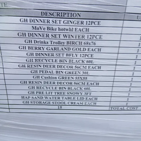 PALLET OF APPROXIMATELY 15 ASSORTED PRODUCTS TO INCLUDE; DINNER SET, DRINKS TROLLEY, RECYCLE BIN, CUSHION, CAPELLA SANS WATER TABLE LID AND STORAGE STOOL