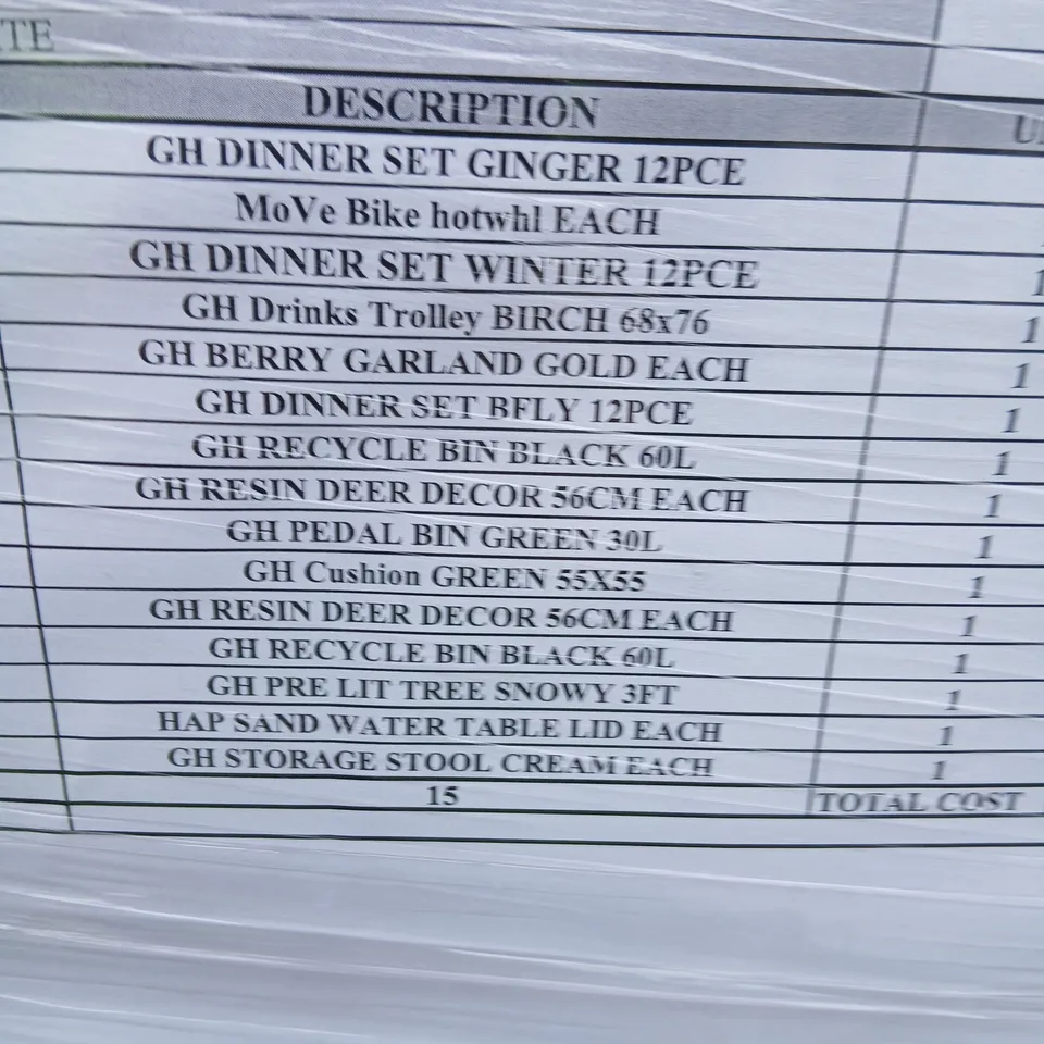 PALLET OF APPROXIMATELY 15 ASSORTED PRODUCTS TO INCLUDE; DINNER SET, DRINKS TROLLEY, RECYCLE BIN, CUSHION, CAPELLA SANS WATER TABLE LID AND STORAGE STOOL