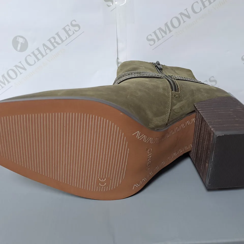 BOXED GREEN SUEDE HEELED BOOTS SIZE 5