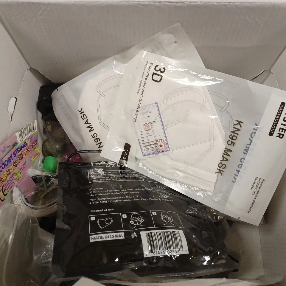 BOX TO CONTAIN APPROX. 20 X ASSORTED HOUSEHOLD PRODUCTS. INCLUDES FACE MASKS, BATTERIES, FAN ETC 