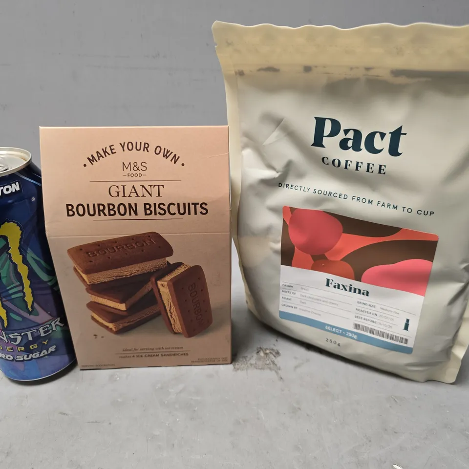 APPROXIMATELY 10 ASSORTED FOOD & DRINK ITEMS TO INCLUDE - MONSTER LEWIS HAMILTON , M&S GIANT BOURBON BISCUITS ICE CREAM ETC