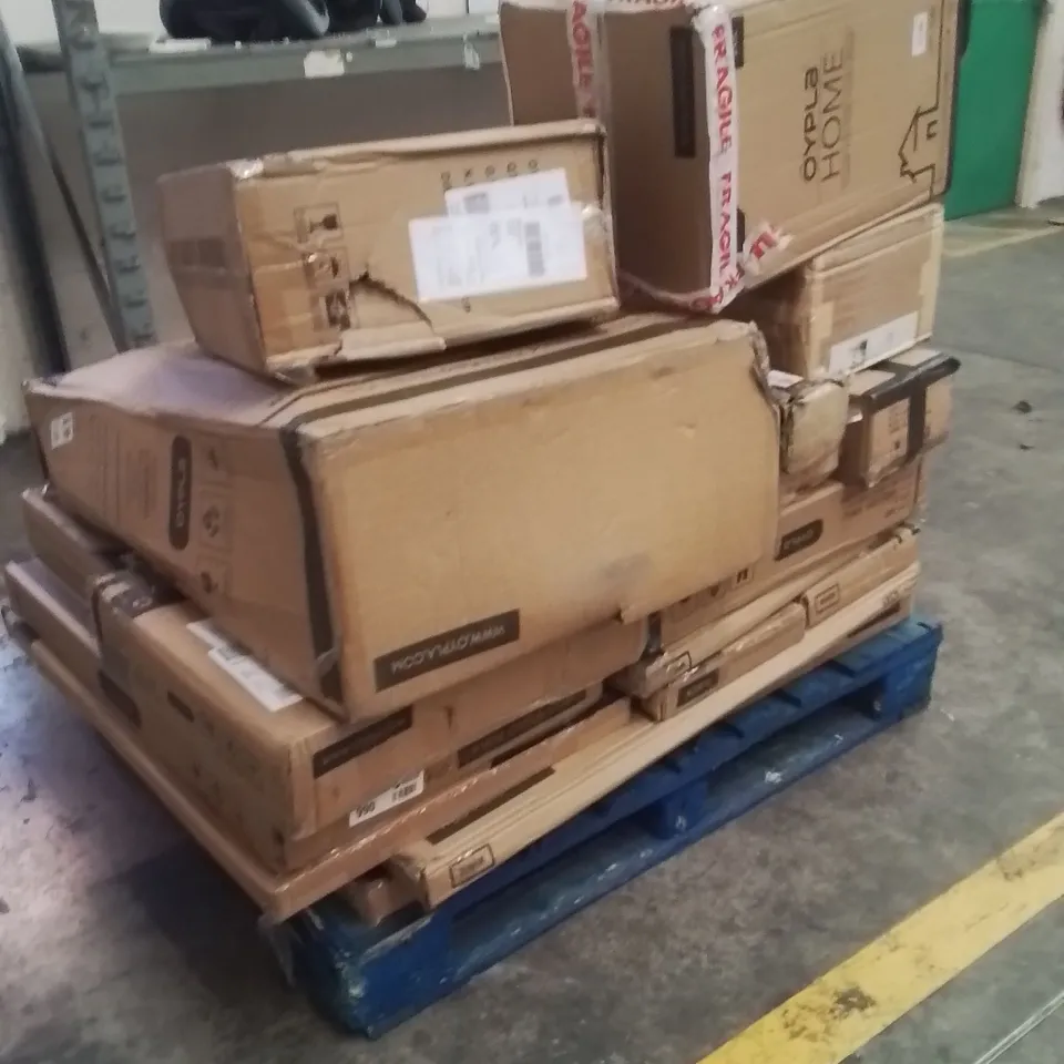 PALLET OF OYPLA FLATPACKED PRODUCTS AND ITEMS TO INCLUDE;WHEEL BARROW,SACK TRUCK,FIRE GUARD,POKER SET