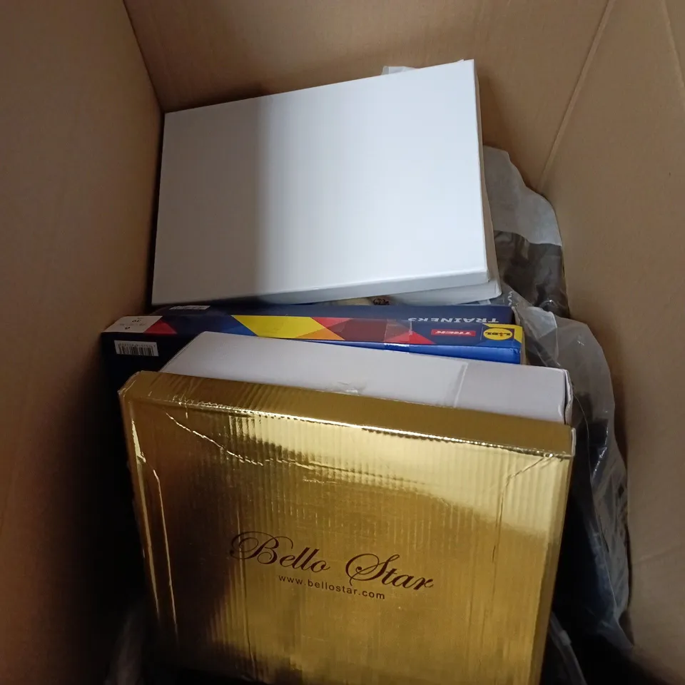 BOX OF APPROXIMATELY 12 PAIRS OF ASSORTED SHOES IN VARIOUS COLOUR, STYLES AND SIZES