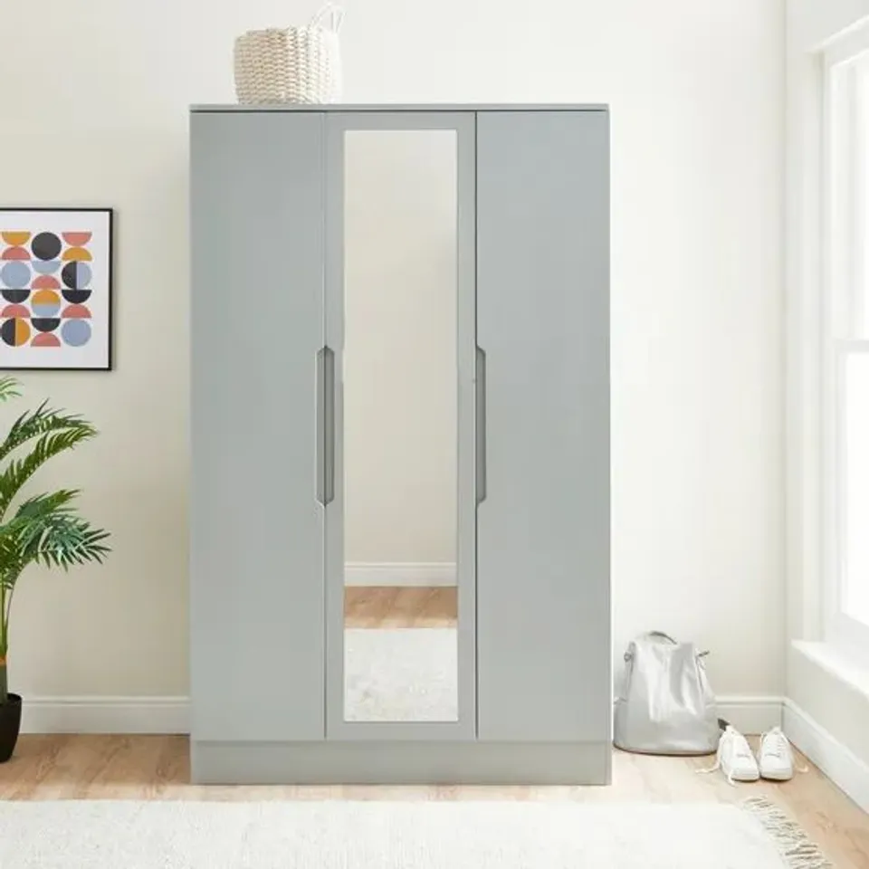 BOXED LARSON TRIPLE WARDROBE GREY H190XW118XD52CM (BOX 2 OF 3 ONLY CONTAINS 2 DOOR, DOOR WITH MIRROR, 2 PIECE BACK PANEL)