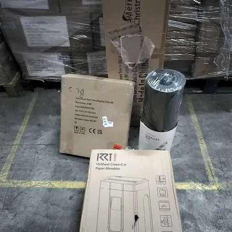 PALLET OF HOUSEHOLD ITEMS TO INCLUDE PAPER SHREDDER, FOLDING SHOPPING TROLLEY, YOGA MAT, 6FT GREEN TREE AND OTHER ASSORTED ITEMS...