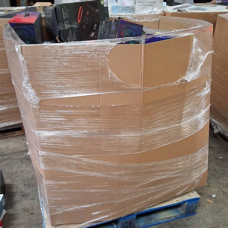 PALLET CONTAINING ASSORTED ELECTRICAL RETURNS INCLUDING BLUETOOTH PARTY SPEAKER, AERIAL, HEADPHONES, PAN/TILT HOME SECURITY WIFI CAMERA & WIRELESS KEYBOARD AND MOUSE COMBO
