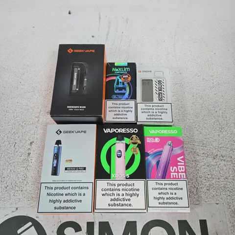 APPROXIMATELY 20 ASSORTED E-CIG PRODUCTS AND ACCESSORIES TO INCLUDE VAPORESSO, GEEKVAPE, ASPIRE ETC