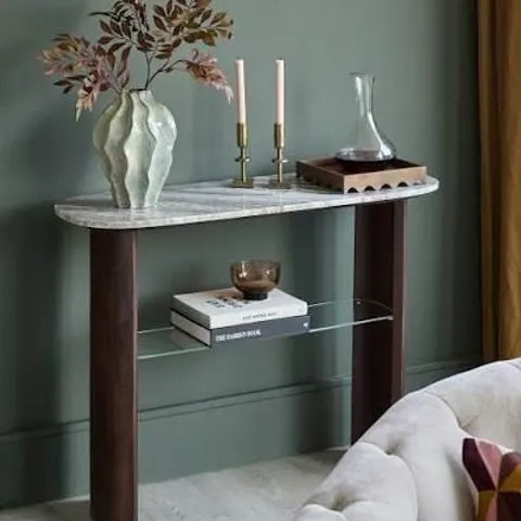 BOXED DANETTI ADALYNN TORONTO MARBLE DARK WOOD CONSOLE TABLE (2 BOXES)