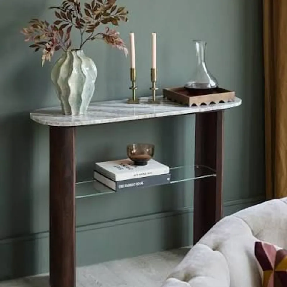 BOXED DANETTI ADALYNN TORONTO MARBLE DARK WOOD CONSOLE TABLE (2 BOXES)