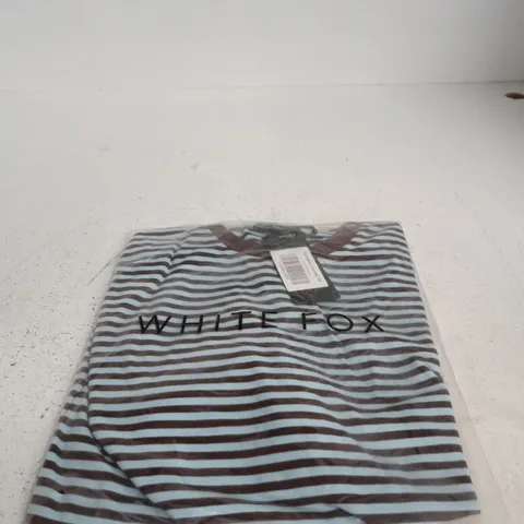 WHITE FOX TOUCHDOWN OVERSIZED TEE – CHOCOLATE & BLUE STRIPE (XS/S)
