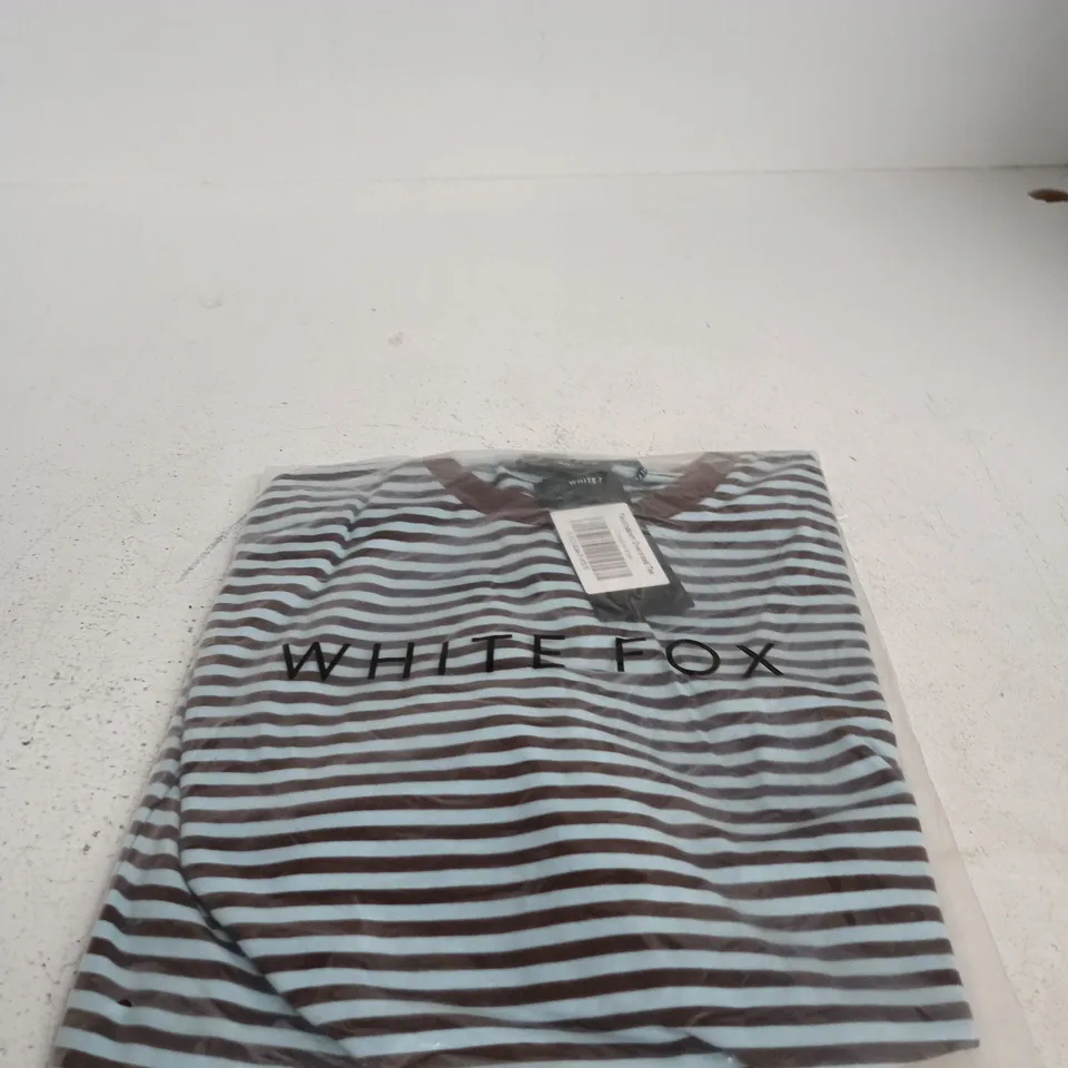 WHITE FOX TOUCHDOWN OVERSIZED TEE – CHOCOLATE & BLUE STRIPE (XS/S)