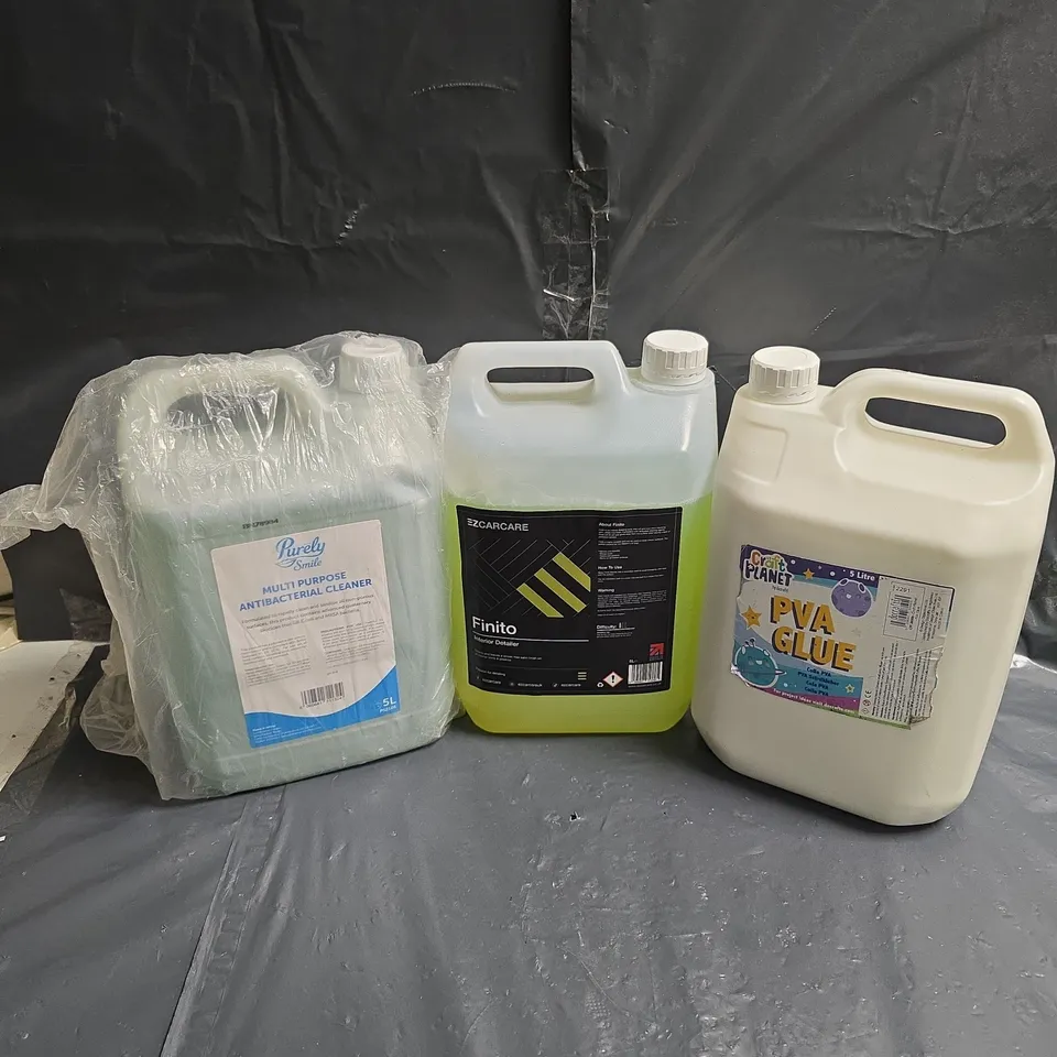 LOT OF 3 ASSORTED LARGE LIQUIDS TO INCLUDE - EZCARCARE FINITO INTERIOR DETAILOR - CRAFT PLANET PVA GLUE - PURELY SMILE MULTIPURPOSE ANTIBAC CLEANER - ETC