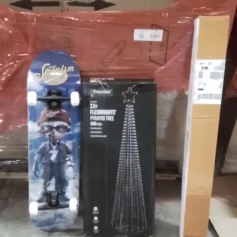 PALLET OF ASSORTED HOUSEHOLD GOODS AND PRODUCTS TO INCLUDE;SKATEBOARD,PYRAMID TREE LED,RETRACTABLE SAFETY GATE 