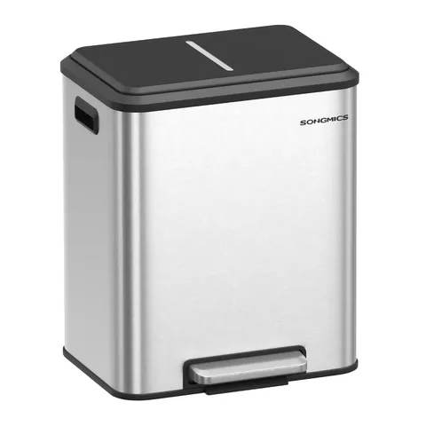 BOXED SONGMICS KITCHEN BIN, 2 X 4 GAL. (2 X 15 L) DOUBLE BIN FOR RECYCLING AND WASTE, SOFT-CLOSE LID, WIDE STURDY PEDAL, METALLIC SILVER