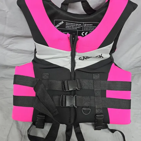 High-visibility pink life jacket with black straps 