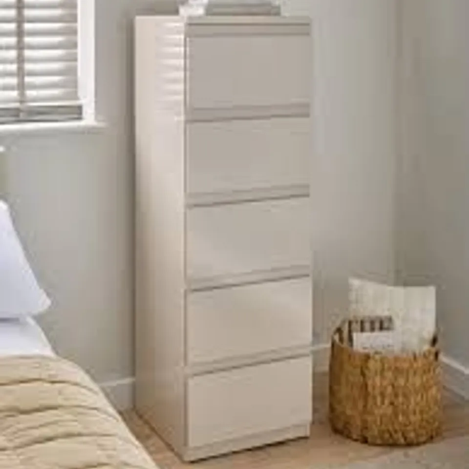 LAYTON GLOSS 5 DRAWER NARROW CHEST - OATMEAL