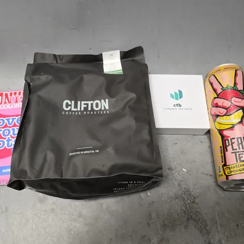 APPROXIMATELY 8 ASSORTED FOOD & DRINK ITEMS TO INCLUDE - PEACE TEA STRAWBERRY LEMONADE , CLIFTON COFFEE ROASTERS . TONYS MILK 32% ETC