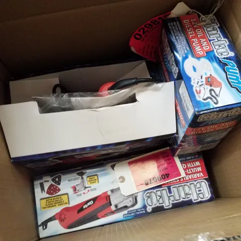 PALLET CONTAINING 3 SCRAP ITEMS INCLUDING 12V OIL AND DIESEL PUMP, MULTI-FUNCTION TOOL & 5" ORBITAL SANDER 