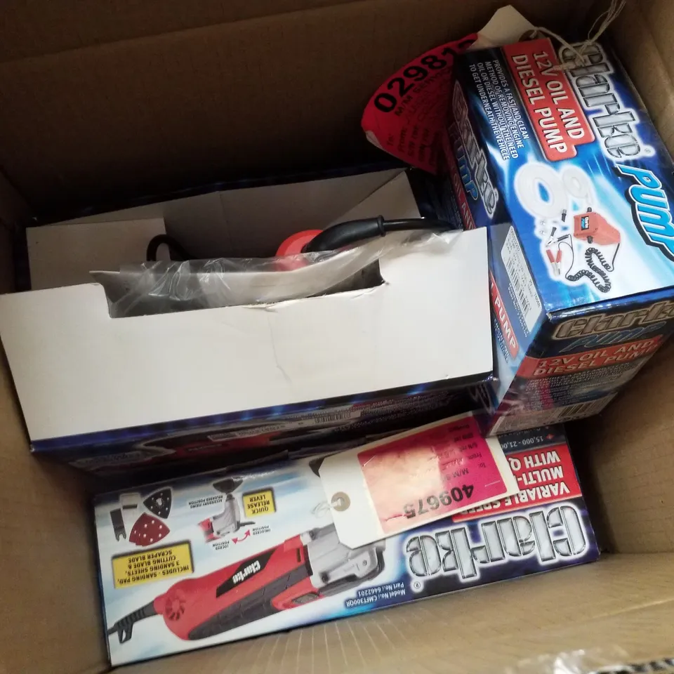 PALLET CONTAINING 3 SCRAP ITEMS INCLUDING 12V OIL AND DIESEL PUMP, MULTI-FUNCTION TOOL & 5" ORBITAL SANDER 