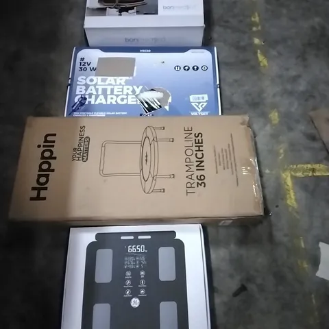 PALLET OF HOUSEHOLD ITEMS TO INCLUDE COMFORT CUSHION, SOLAR BATTERY CHARGER, TRAMPOLINE, SCALES AND OTHER ASSORTED ITEMS...