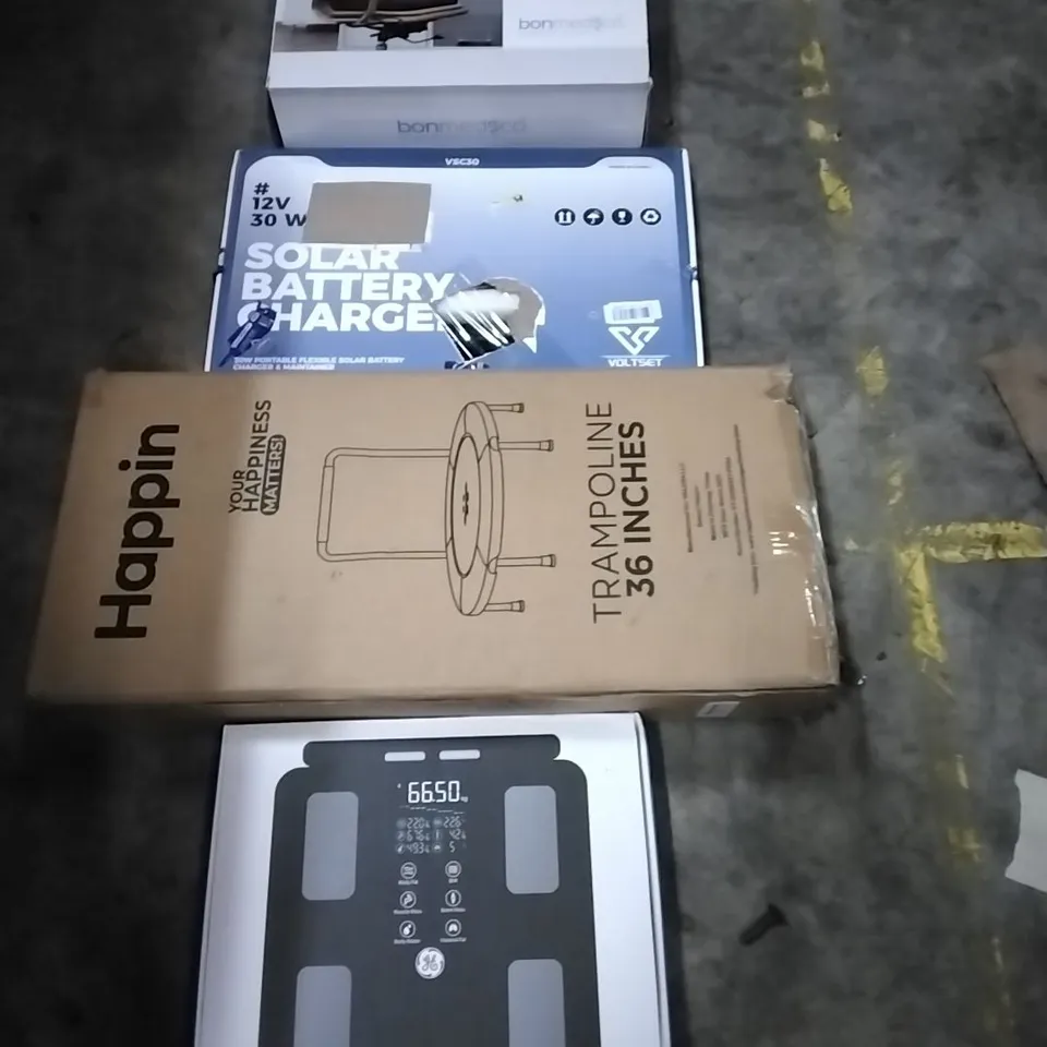 PALLET OF HOUSEHOLD ITEMS TO INCLUDE COMFORT CUSHION, SOLAR BATTERY CHARGER, TRAMPOLINE, SCALES AND OTHER ASSORTED ITEMS...