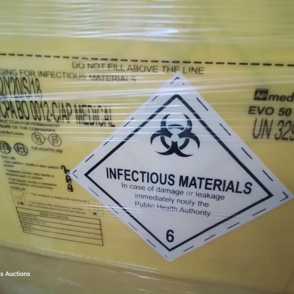 PALLET OF APPROXIMATELY 36 MEDICAL INFECTIOUS MATERIAL 50L BINS & LIDS