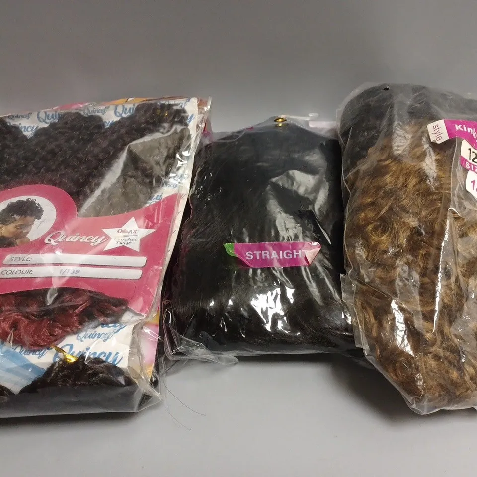 LOT OF ASSORTED HAIR PRODUCS TOO INCLUDE HAIR EXTENSIONS , HAIR BRUSHES AND  HAIR SHAVERS 