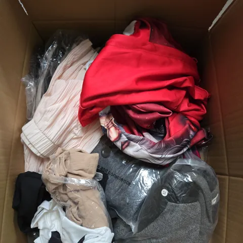 LARGE BOX OF ASSORTED CLOTHING ITEMS IN VARIOUS SIZES, STYLES AND COLOUR 