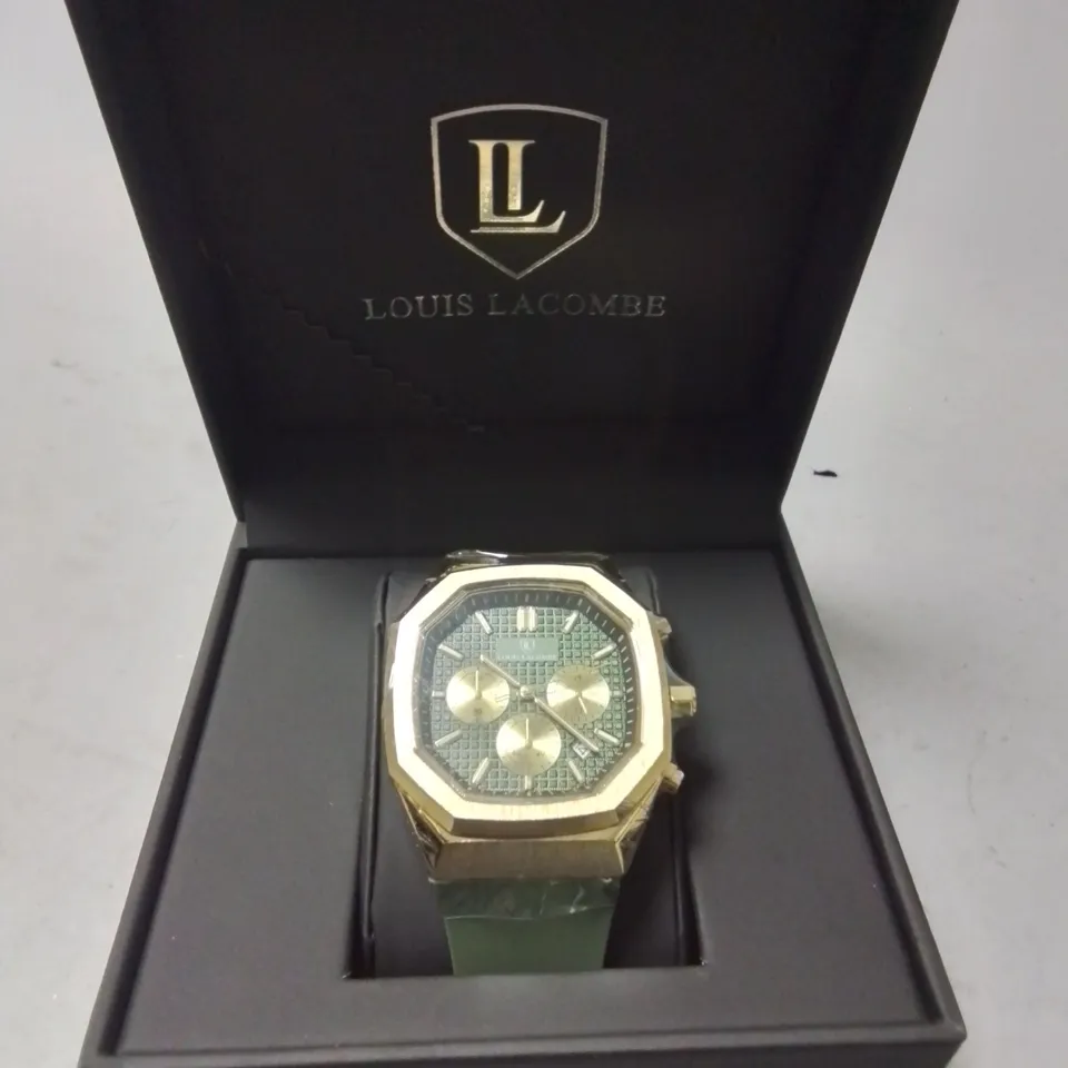 LOUIS LACOMBE GENTS STAINLESS STEEL CHRONOGRAPH WATCH WITH GREEN RUBBER STRAP IN GIFT BOX