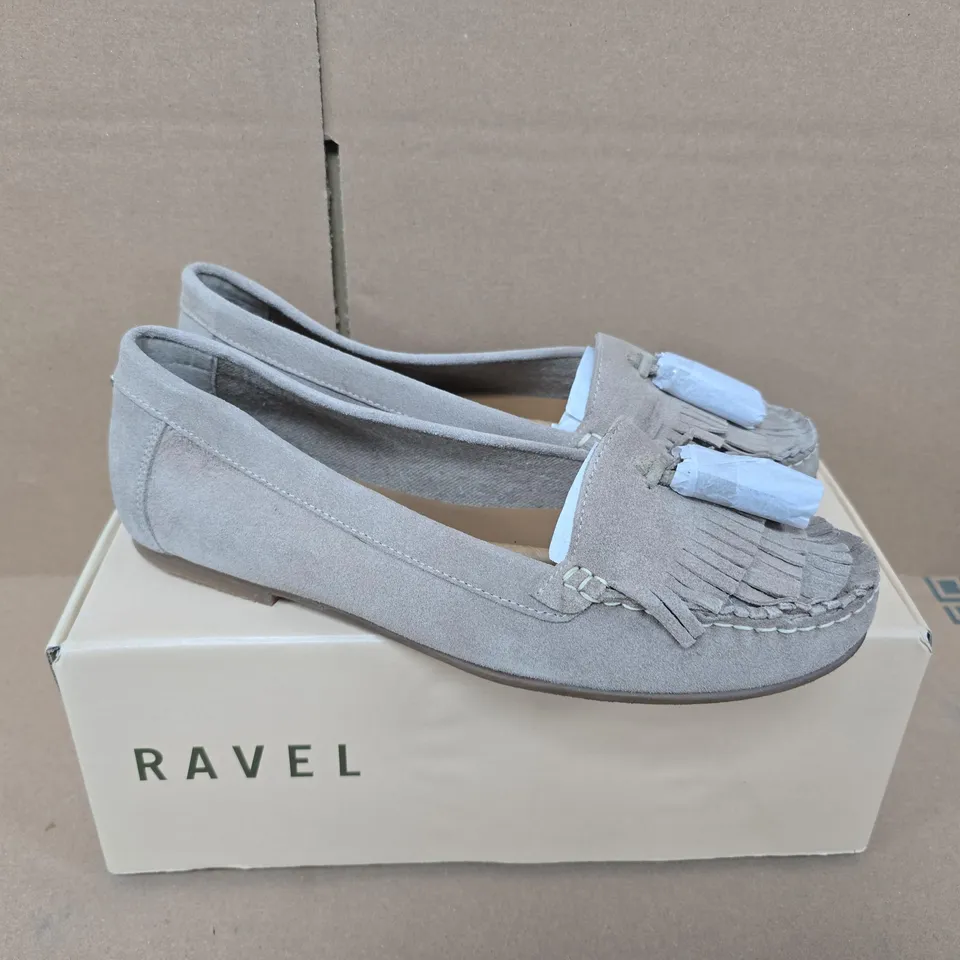 BOXED PAIR OF RAVEL ATLEY TAUPE SUEDE SHOES - UK 8