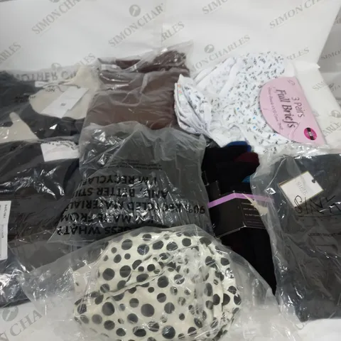 LARGE BOX OF ASSORTED CLOTHING ITEMS IN VARIOUS COLOURS AND SIZES INCLUDING TROUSERS , TOPS AND JUMPERS