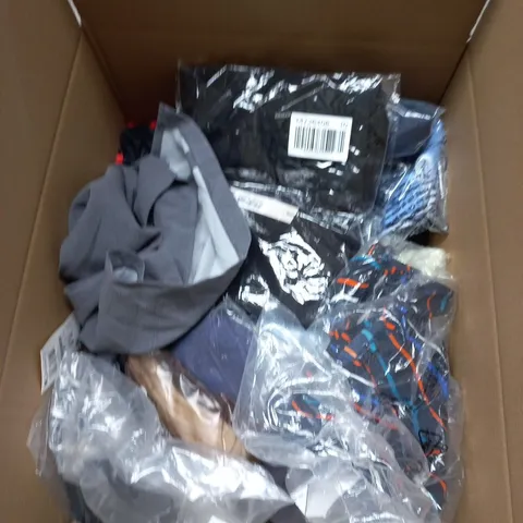BOX OF APPROXIMATELY 25 ASSORTED CLOTHING ITEMS IN VARIOUS STYLES , COLOURS AND SIZES 