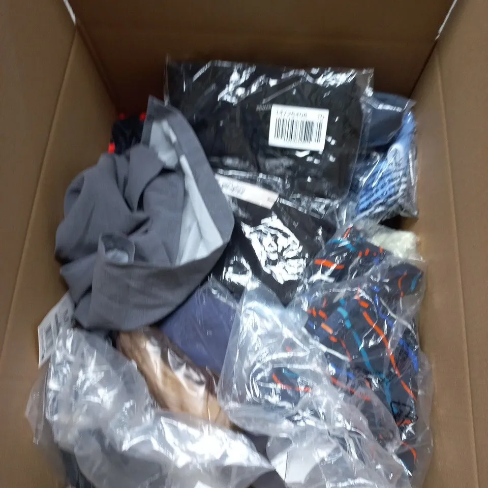 BOX OF APPROXIMATELY 25 ASSORTED CLOTHING ITEMS IN VARIOUS STYLES , COLOURS AND SIZES 