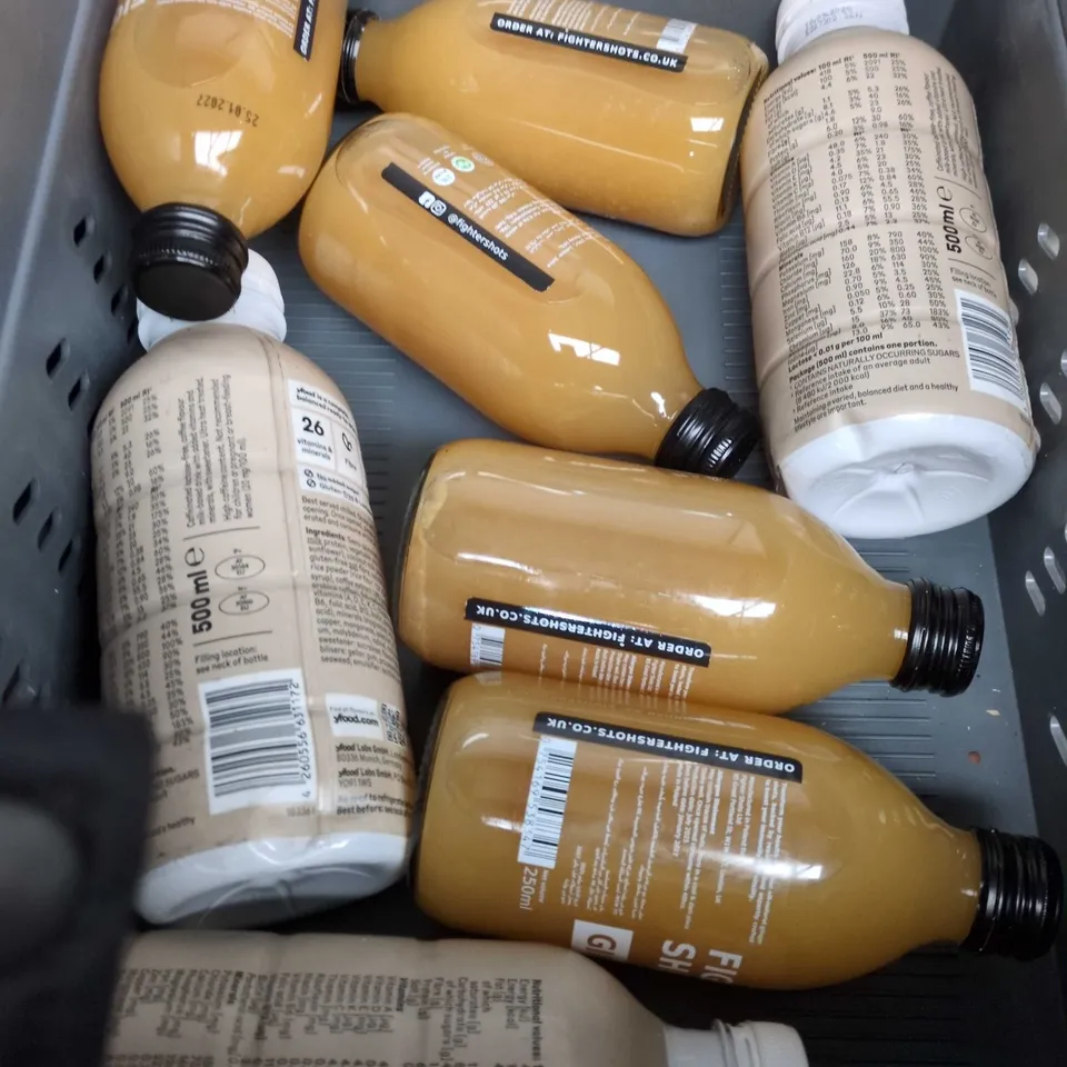 TOTE OF APPROXIMATELY 10 ASSORTED DRINKS ITEMS TO INCLUDE HUEL, YFOOD AND FIGHTER SHOTS