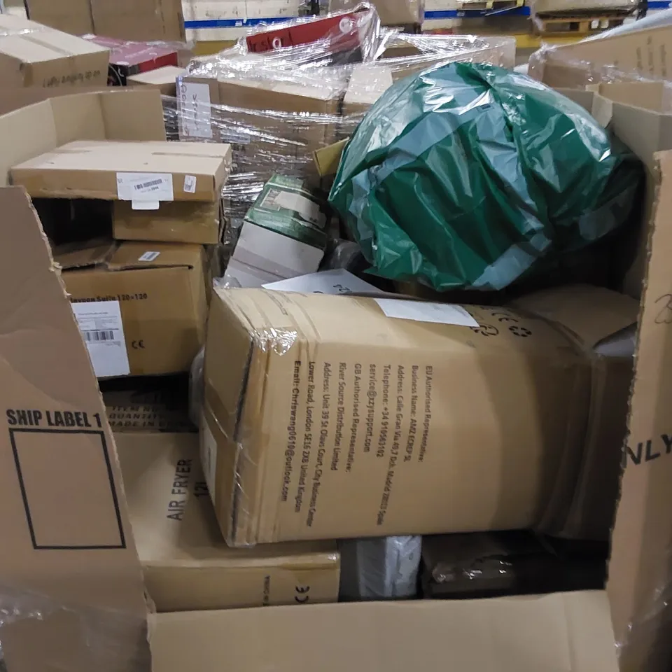 PALLET TO CONTAIN ASSORTED HOUSEHOLD ITEMS AND CONSUMER PRODUCTS. INCLUDING CARRY-ON BAG, KIDS METAL DETECTOR, CHRISTMAS TREE, COOKWARE SET, AIR FRYER, BABY PLAYPEN ETC