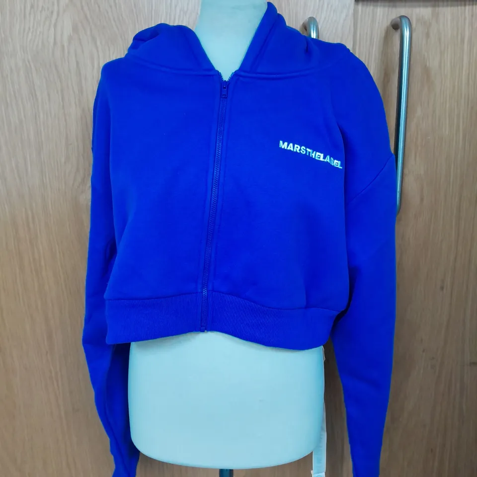 MARSTHELABEL THE ESSENTIALS CROPPED EMBROIDERED ZIP UP JACKET IN COBALT SIZE L