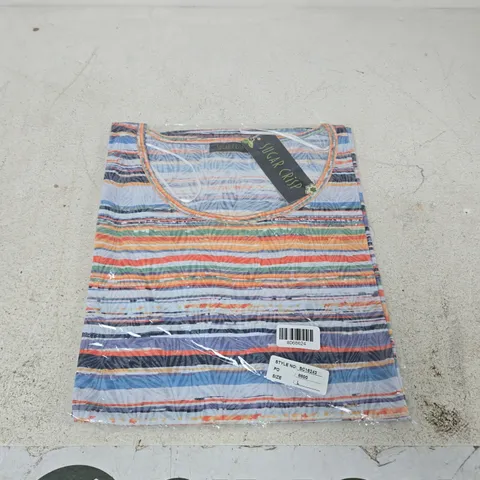 SUGAR CRISP LADIES SHORT SLEEVE TOP – WATERY STRIPE BURNOUT, SIZE L
