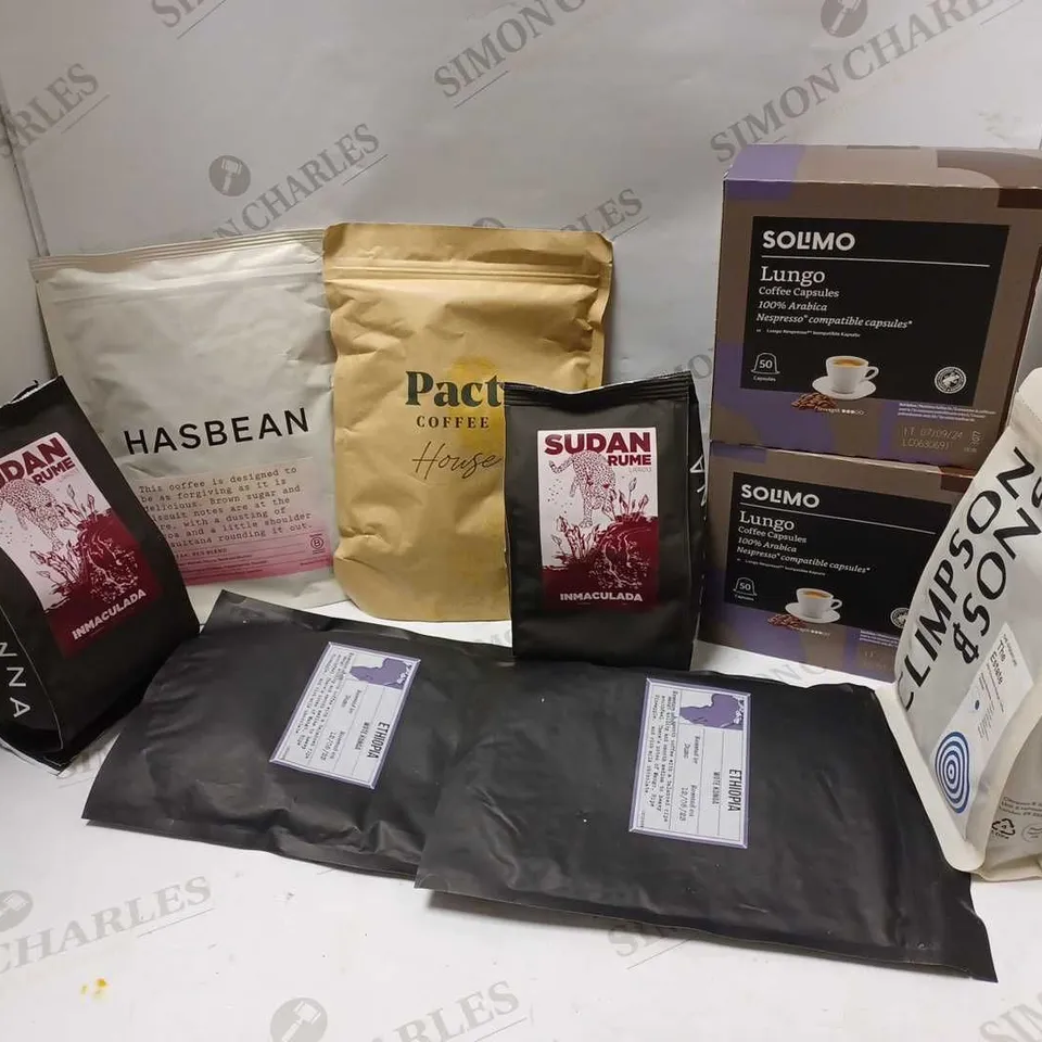 LOT OF APPROXMATELY 9 ITEMS TO INCLUDE SUDAN RUME INMACULADA BEANS (150g), CLIMPSON & SONS THE ESTATE COFFEE BEANS, BOX OF 50 SOLIMO LUNGO COFFEE CAPSULES, ETC