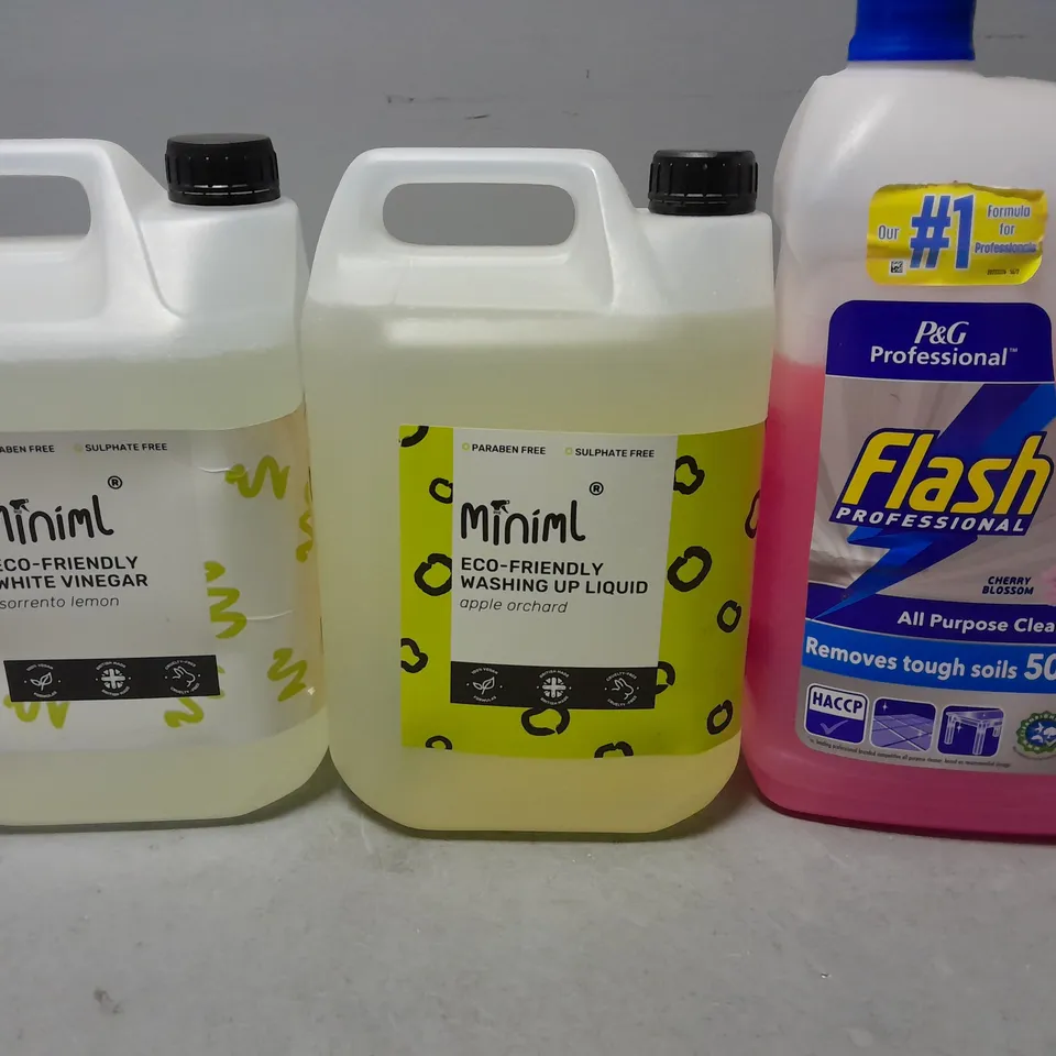 TOTE OF APPROXIMATELY 3 ASSORTED LIQUIDS TO INCLUDE -FLASH ALL PURPOSE CLEANER , MINIML WASHING UP LIQUID , MINIML WHITE VINEGAR 