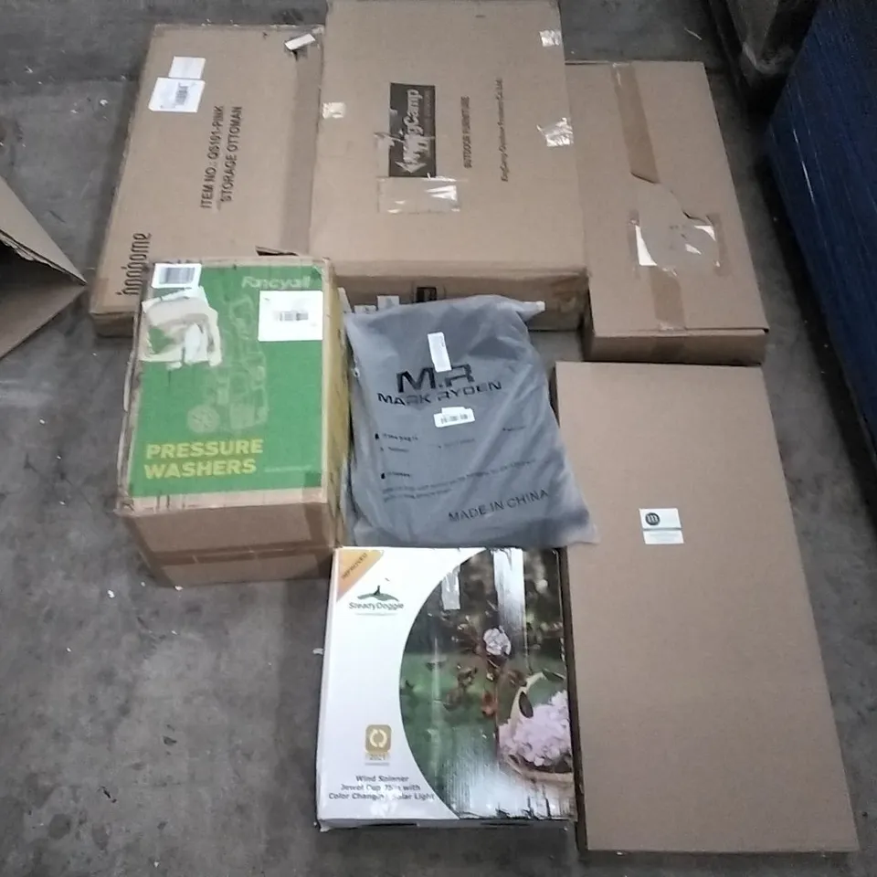 PALLET OF ASSORTED ITEMS INCLUDING HNNHOME STORAGE OTTOMAN, KINGCAMP OUTDOOR FURNITURE, FANCYALL PRESSURE WASHER, M-DESIGN CLOTHES RACK, STEADY DOG WIND SPINNER, BELACO 12" FLOOR FAN