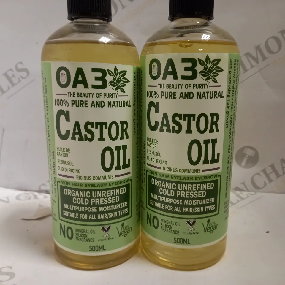 TWO BOTTLES OF OA3 100% NATURAL CASTOR OIL - 2X500ML