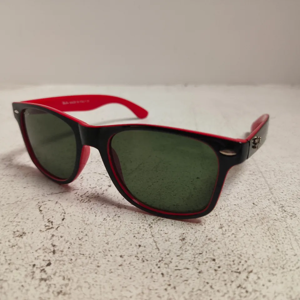 RAY-BAN RB2140 WAYFARER SUNGLASSES – BLACK/RED FRAME, GREEN LENSES