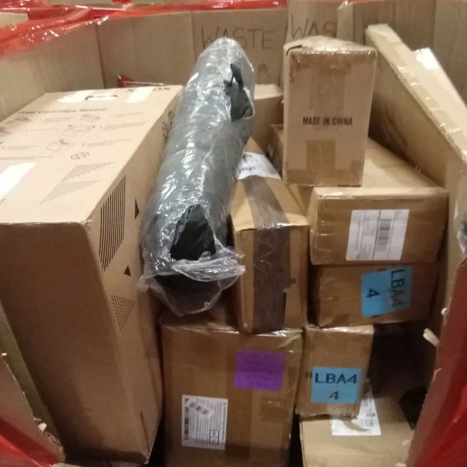 PALLET OF ASSORTED HOUSEHOLD GOODS AND PRODUCTS TO INCLUDE; LED BATHROOM MIRROR, BOXED FURNITURE, WAX MELTED ETC