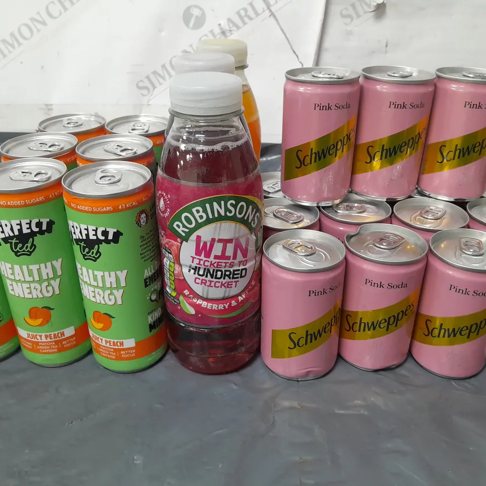 LOT OF 25 ASSORTED DRINKS INCLUDES ROBINSON SCHWEPPES PINK SODA AND PERFECT TEDS PEACH