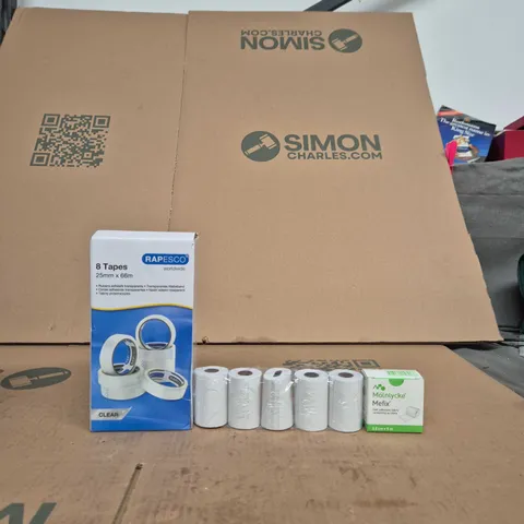 TOTE OF APPROXIMATELY 10 ASSORTED ITEMS INCLUDING RAPESCO TAPE, MOLNLYCKE MEFIX SELF-ADHESIVE FABRIC AND RECEIPT ROLL