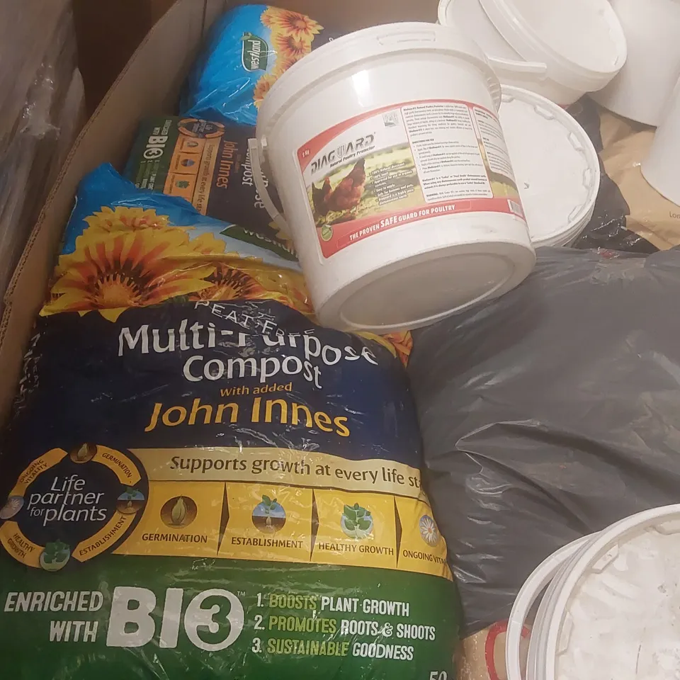 PALLET CONTAINING A LARGE QUANTITY OF ASSORTED ITEMS INCLUDING: RESTAURANT CHARCOAL, COMPOST, NATURAL POULTRY PROTECTOR ECT