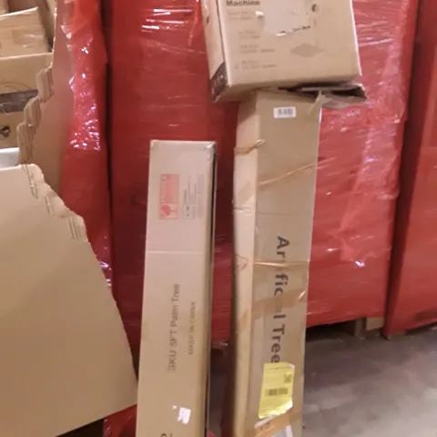 PALLET OF ASSORTED HOUSEHOLD GOODS AND PRODUCTS TO INCLUDE; ARTIFICIAL TREES, ESPRESSO COFFEE MACHINE, AIR COOLER, CHAIR, BOXED FURNITURE ETC
