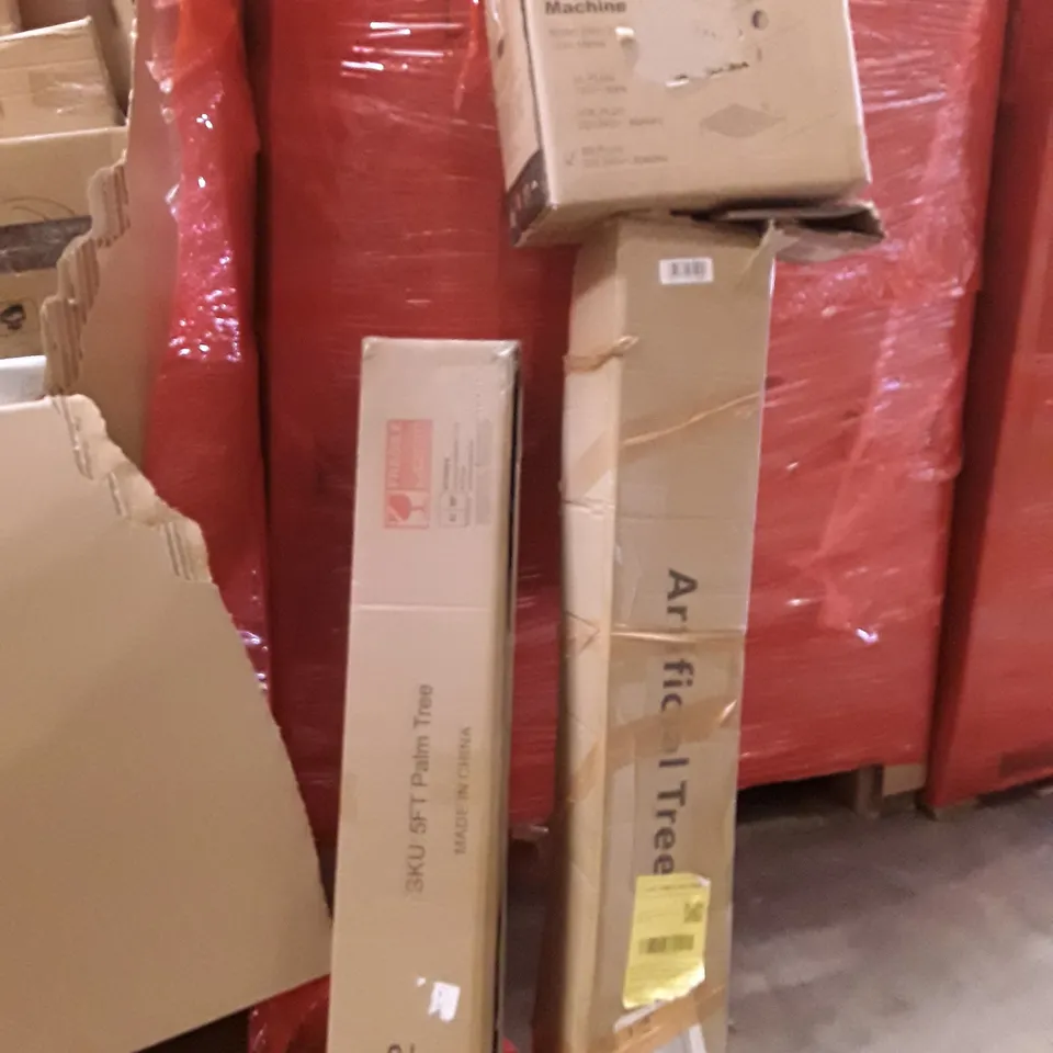 PALLET OF ASSORTED HOUSEHOLD GOODS AND PRODUCTS TO INCLUDE; ARTIFICIAL TREES, ESPRESSO COFFEE MACHINE, AIR COOLER, CHAIR, BOXED FURNITURE ETC